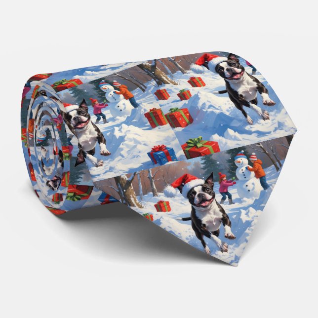 Boston Terrier  Christmas Festive Snow Scene Tie (Rolled)