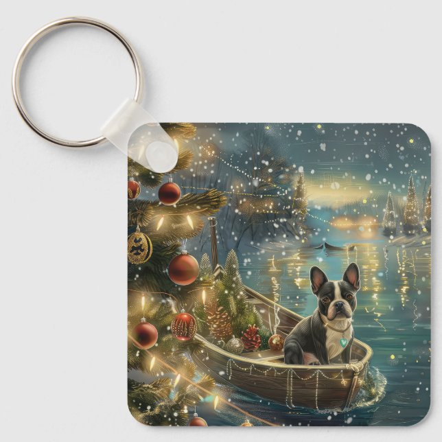 Boston Terrier Christmas Festive Voyage Key Ring (Front)