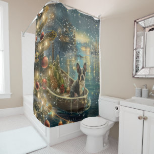 Boston Terrier Christmas Festive Voyage Shower Curtain