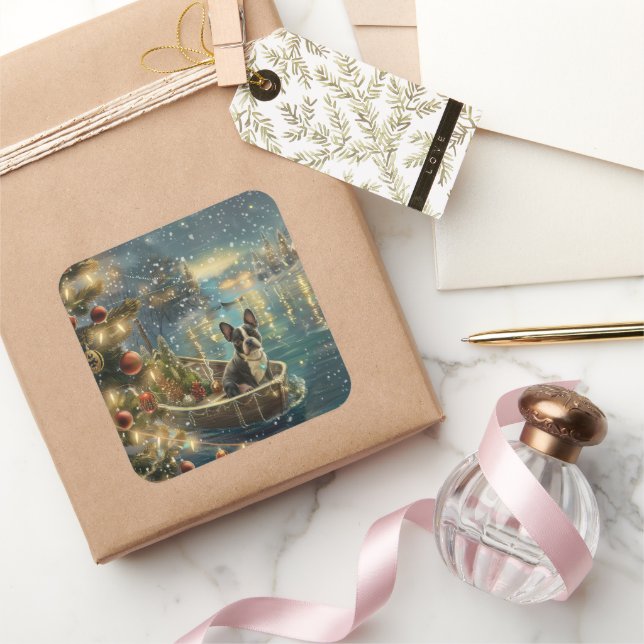 Boston Terrier Christmas Festive Voyage Square Sticker (Gifting)