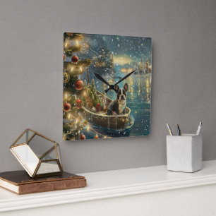 Boston Terrier Christmas Festive Voyage Square Wall Clock