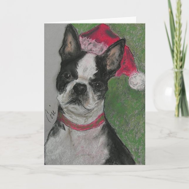 Boston Terrier Christmas Holiday Greeting Card (Front)