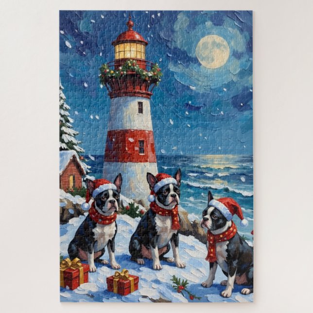 Boston Terrier Christmas Lighthouse Holiday Jigsaw Puzzle (Vertical)