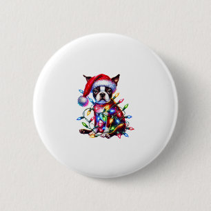 Boston Terrier Christmas Lights Santa Hat Dog Love 6 Cm Round Badge