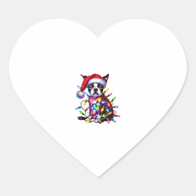 Boston Terrier Christmas Lights Santa Hat Dog Love Heart Sticker (Front)
