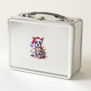 Boston Terrier Christmas Lights Santa Hat Dog Love Metal Lunch Box
