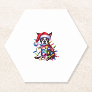 Boston Terrier Christmas Lights Santa Hat Dog Love Paper Coaster