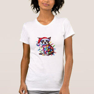 Boston Terrier Christmas Lights Santa Hat Dog Love T-Shirt
