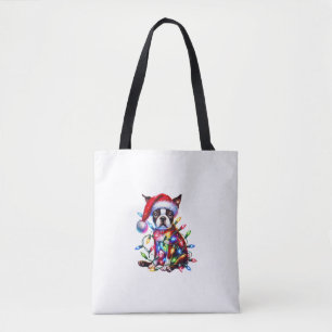 Boston Terrier Christmas Lights Santa Hat Dog Love Tote Bag