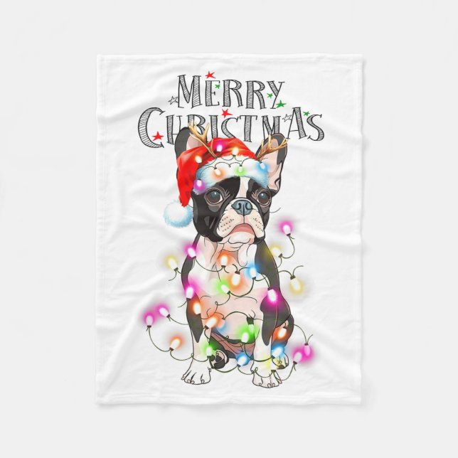 Boston Terrier Christmas Lights Xmas Dog  Fleece Blanket (Front)