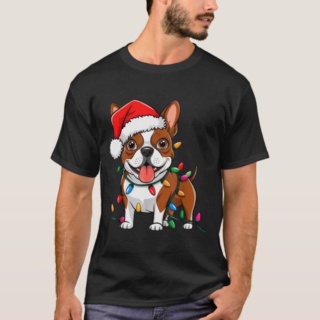 Boston Terrier Christmas Lights Xmas Dogs Men Wome T-Shirt (Front)