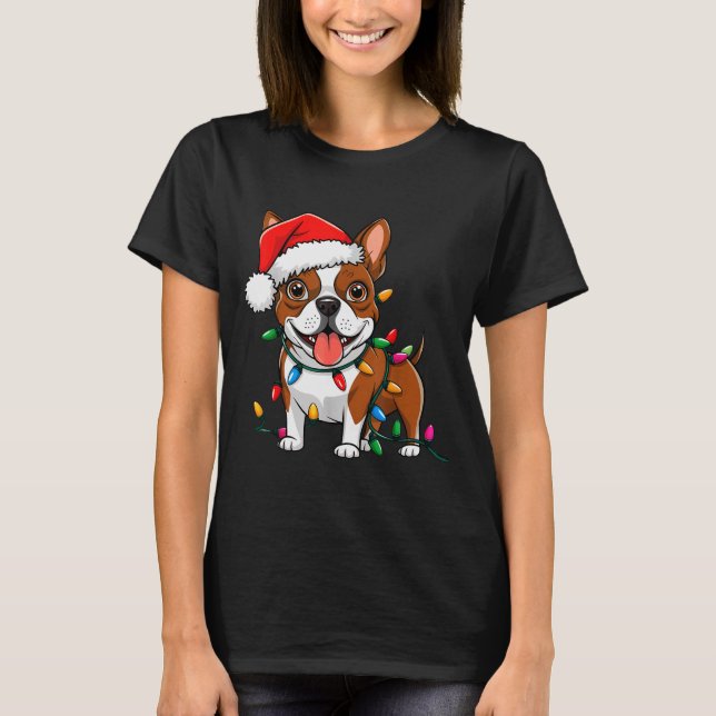 Boston Terrier Christmas Lights Xmas Dogs Men Wome T-Shirt (Front)