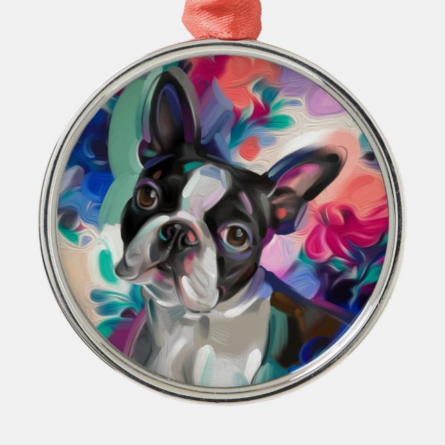 Boston Terrier Christmas Ornament | Floral dog art (Front)
