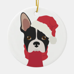 Boston terrier Christmas Ornament. Snow Ceramic Tree Decoration