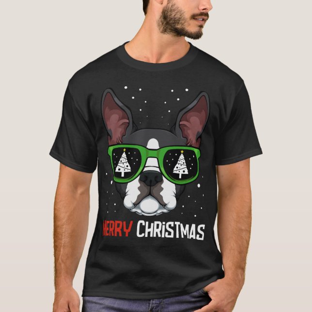 Boston Terrier Christmas Pajama Dog Sunglasses X-M T-Shirt (Front)