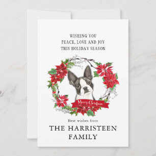 Boston Terrier Christmas Poinsettia Wreath Holiday Card
