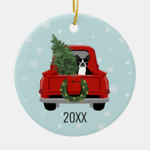 Boston Terrier Christmas Red Truck Ceramic Tree Decoration