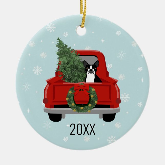Boston Terrier Christmas Red Truck Ceramic Tree Decoration (Front)
