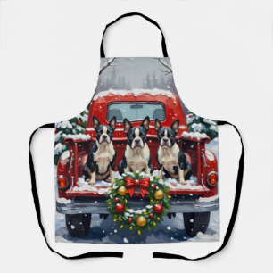 Boston Terrier Christmas Red Truck Holiday Apron