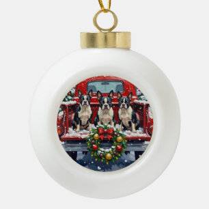 Boston Terrier Christmas Red Truck Holiday Ceramic Ball Christmas Ornament
