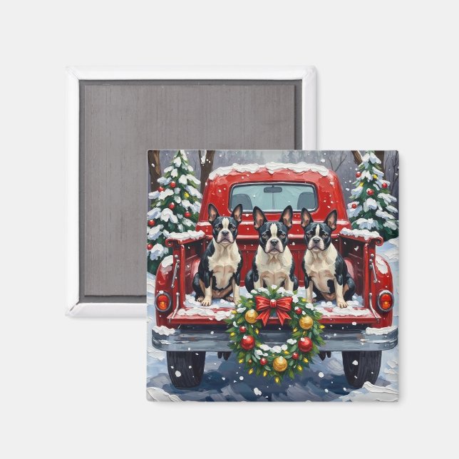 Boston Terrier Christmas Red Truck Holiday Magnet (Front/Back)