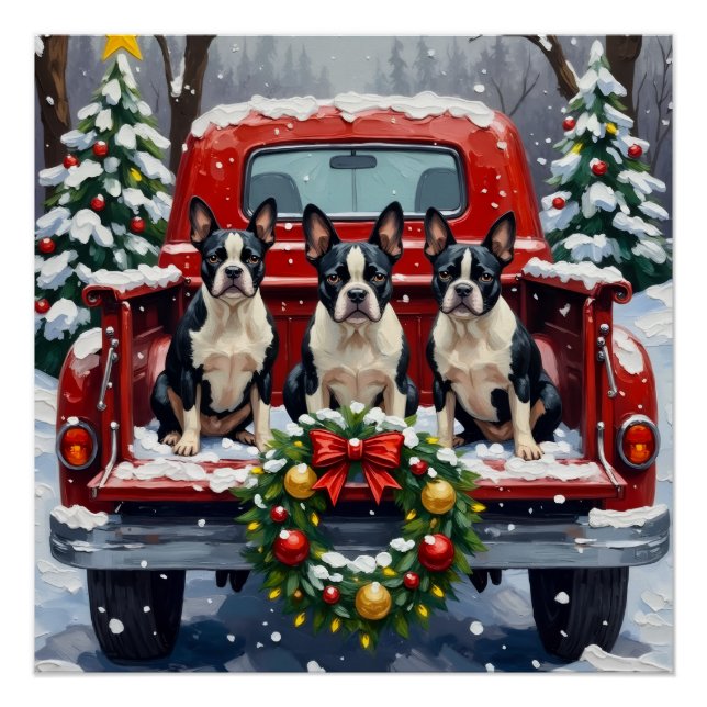 Boston Terrier Christmas Red Truck Holiday Poster (Front)