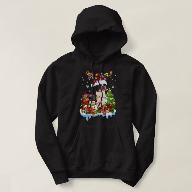 Boston Terrier Christmas Reindeer Christmas Lights Hoodie (Design Front)