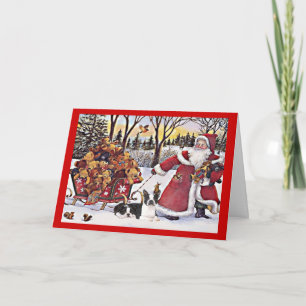 Boston Terrier Christmas Santa and Bears Greeting  Holiday Card