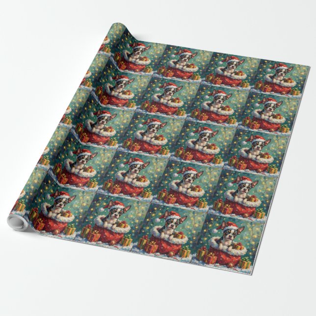 Boston Terrier Christmas Santa Bag Adventure Wrapping Paper (Unrolled)