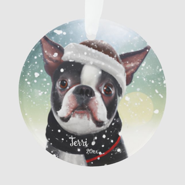 Boston Terrier, Christmas, Santa Dog Ornament (Front)