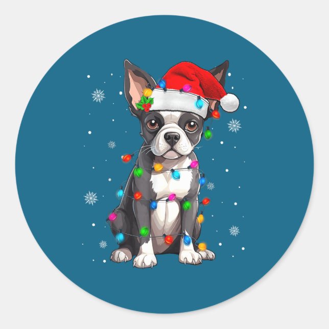 Boston Terrier Christmas Santa Hat  Classic Round Sticker (Front)