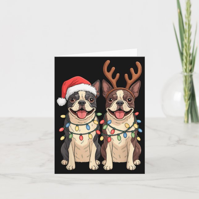 Boston Terrier Christmas Santa Hat Reindeer Lights Card (Front)