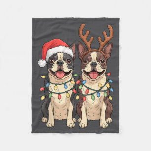 Boston Terrier Christmas Santa Hat Reindeer Lights Fleece Blanket