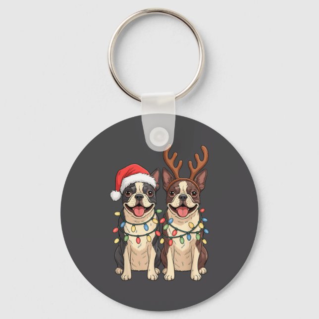 Boston Terrier Christmas Santa Hat Reindeer Lights Key Ring (Front)