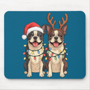 Boston Terrier Christmas Santa Hat Reindeer Lights Mouse Mat