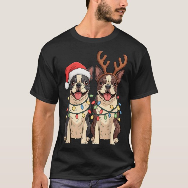 Boston Terrier Christmas Santa Hat Reindeer Lights T-Shirt (Front)