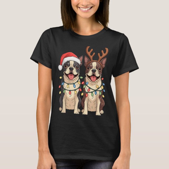 Boston Terrier Christmas Santa Hat Reindeer Lights T-Shirt (Front)