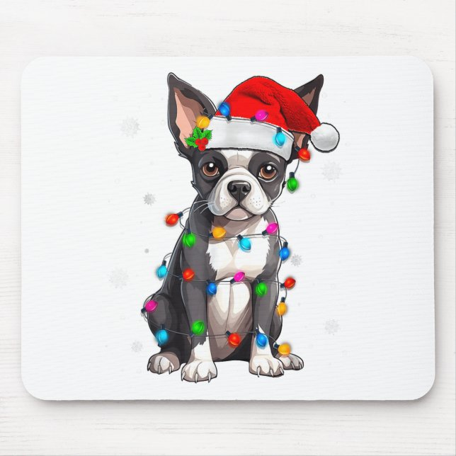 Boston Terrier Christmas Santa Hat Tree Lights Paj Mouse Mat (Front)