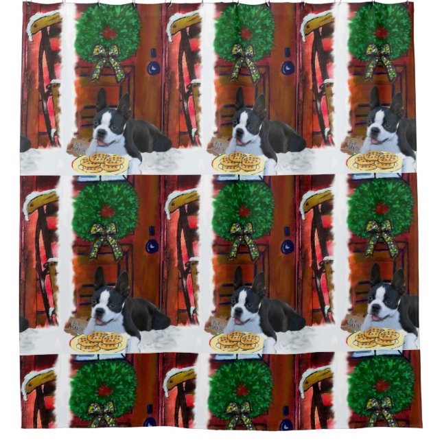 Boston Terrier Christmas Shower Curtain (Front)