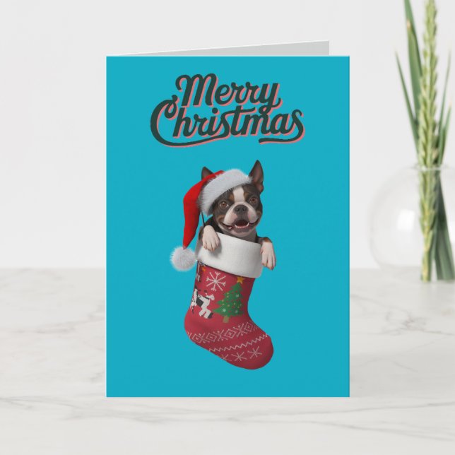 Boston Terrier Christmas Stocking Holiday Card (Front)
