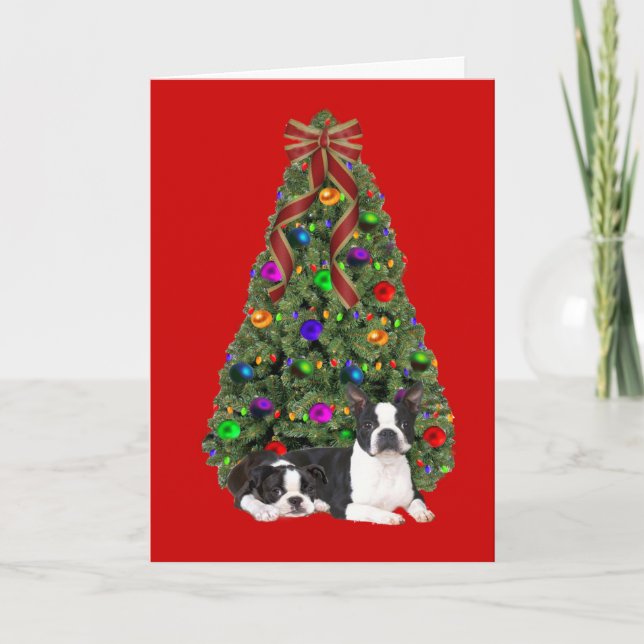 Boston Terrier Christmas Tree Card (Front)