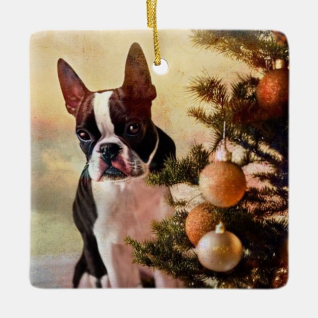 Boston Terrier Christmas Tree Ceramic Ornament (Front)