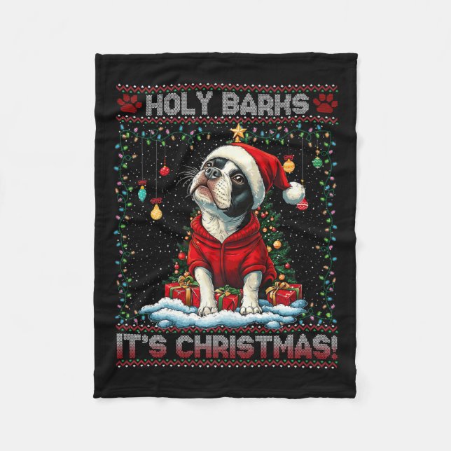Boston Terrier Christmas Tree Decorations Dog Love Fleece Blanket (Front)