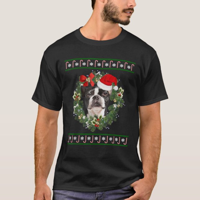 Boston Terrier Christmas Tree Dog Santa Xmas Tee P (Front)