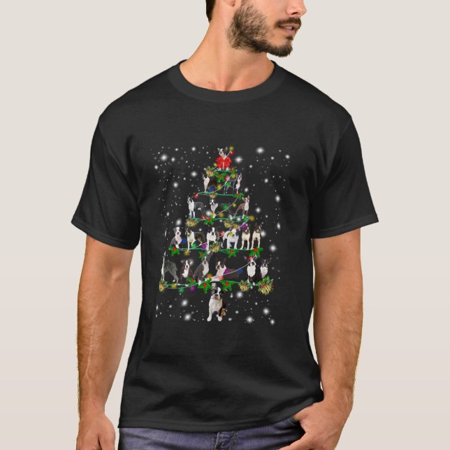Boston Terrier Christmas Tree Lights Funny Lover D T-Shirt (Front)