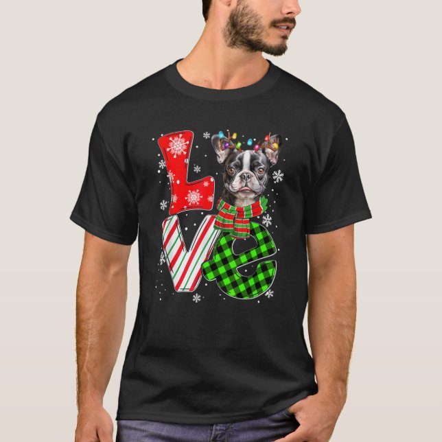 Boston Terrier Christmas Tree Lights Santa Dog Xma T-Shirt (Front)