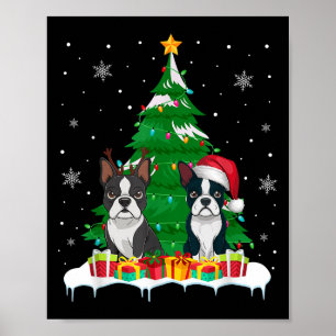 Boston Terrier Christmas Tree Lights Santa Reindee Poster