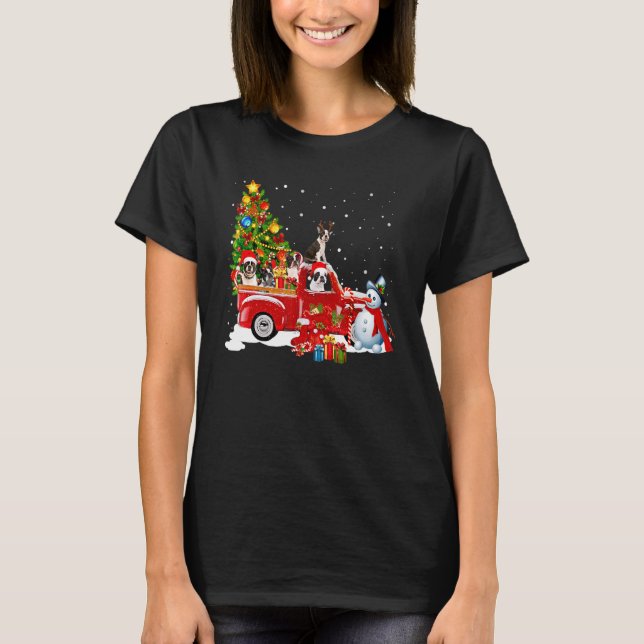 Boston Terrier Christmas Tree Red Truck T-Shirt (Front)