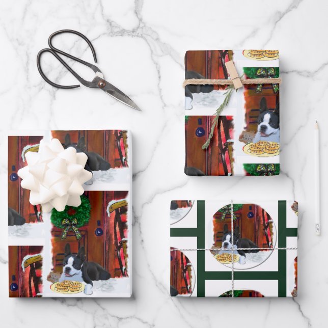Boston Terrier Christmas Wrapping Paper Sheet (Front)