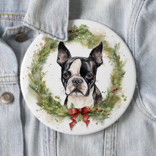 Boston Terrier Christmas Wreath Festive Pup  6 Cm Round Badge